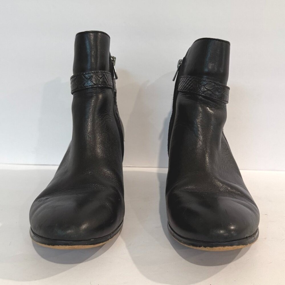 Coach Black Leather Snakeskin Strap Block Heel Ankle Booties Size 9B Round Toe - Picture 5 of 12